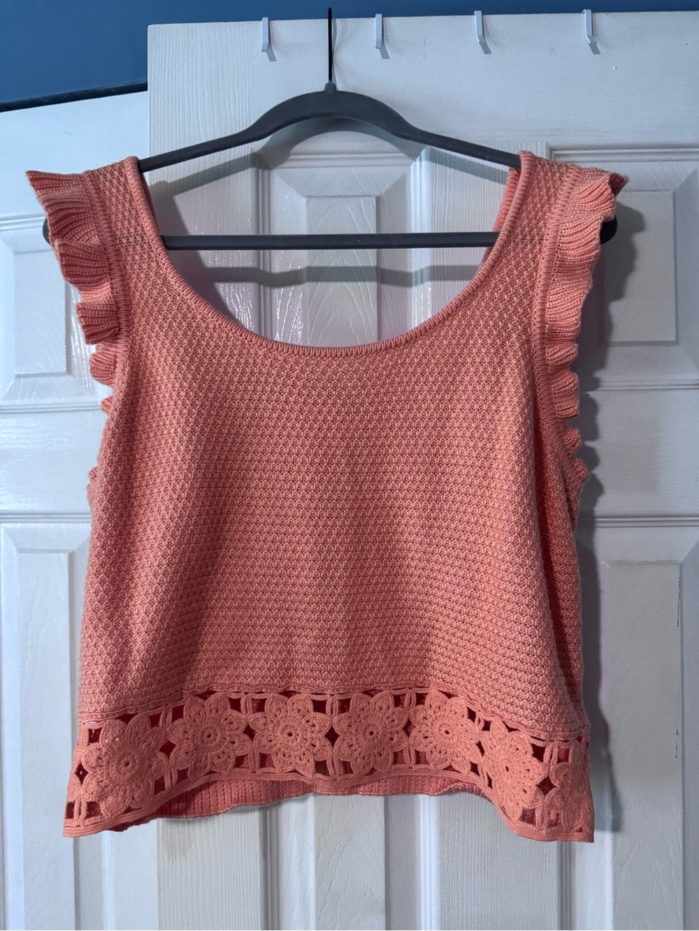 Sleeveless Crochet-Hem Tank Top in Coral